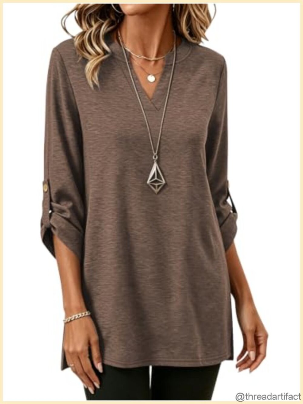 Womens Tunic Top 3/4 Sleeve V Neck Side Slit Shirt for Leggings